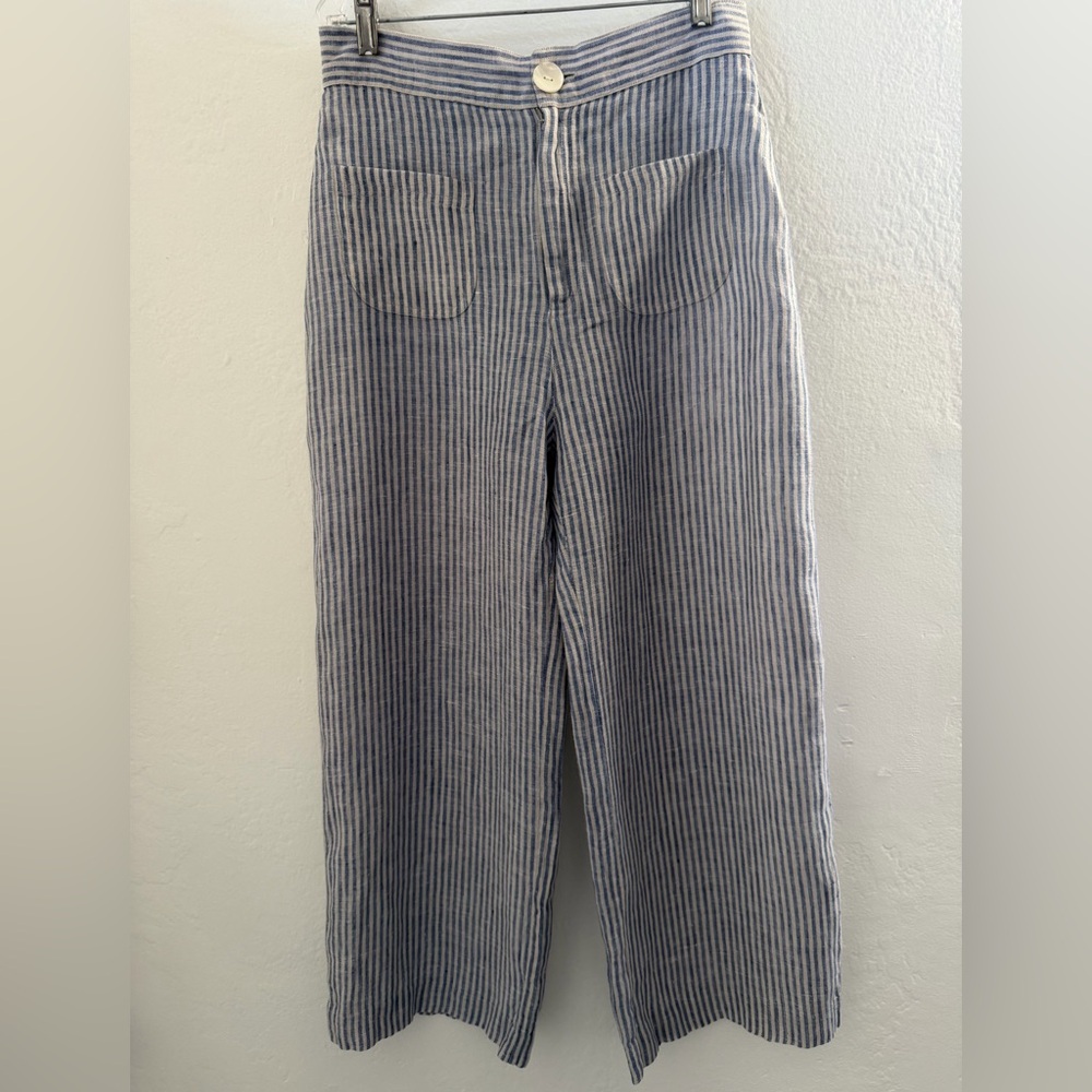 De Castro Blue White Striped 100% Linen Cropped Wide Leg Pants M